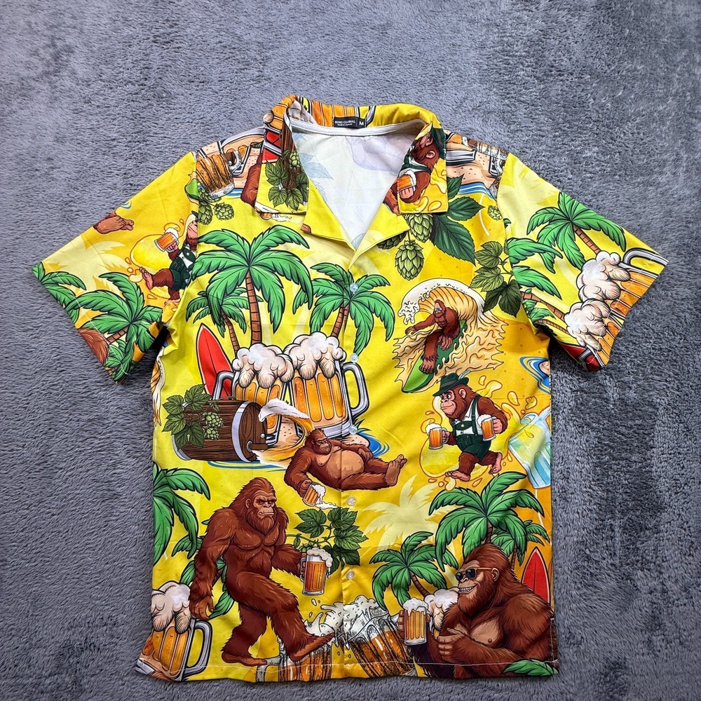 Bigfoot Button Up Hawaiian Style Beer Shirt Mens M Colorful Yellow Surf Waves
